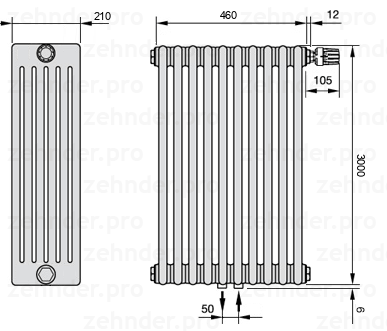 Схема (чертеж) Радиатор Zehnder Charleston 6300/10 №V008 Белый глянцевый RAL 9016